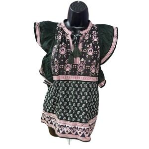 Sea New York Mia Dark Green Paisley Flutter Sleeve Tassel Top Size 6 Boho Hippie